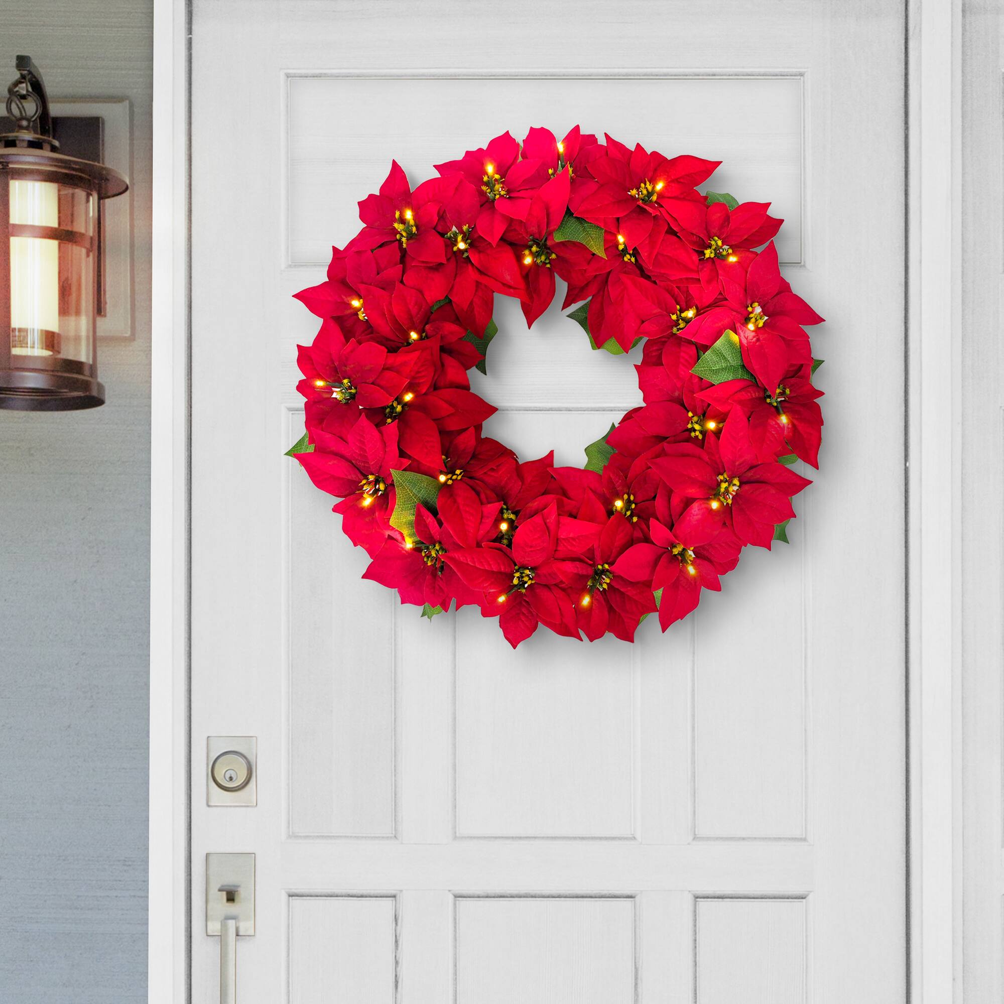 24" Pre-Lit Red Poinsettia Artificial Wreath